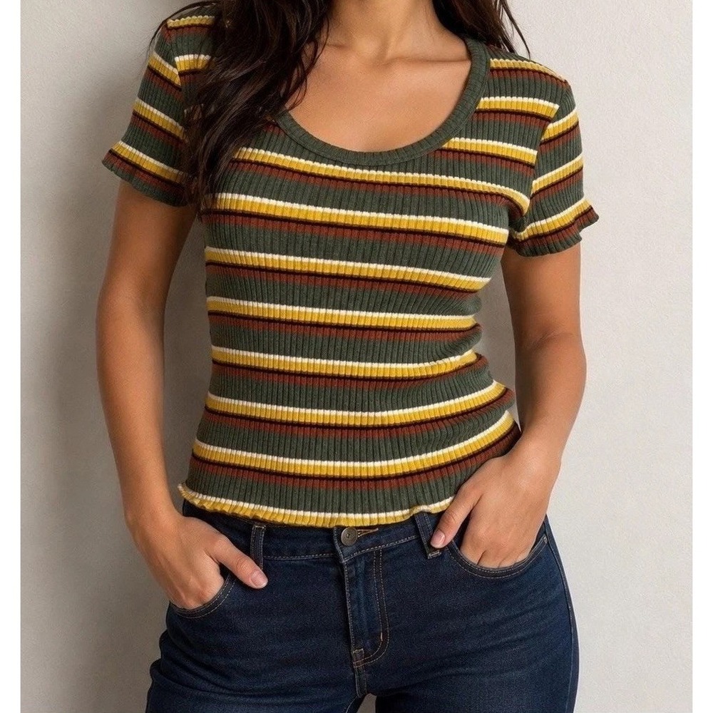 Y2K No Boundaries Green Yellow Striped Ribbed Short Sleeve Womens Top Size XL